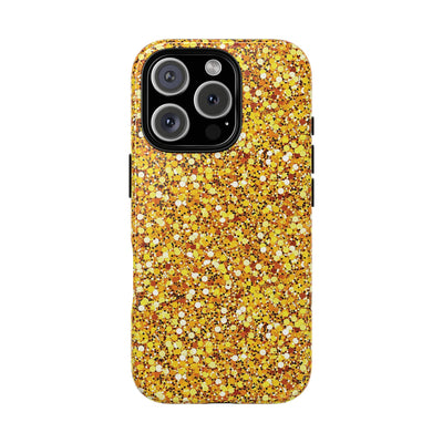 Chic Gold Faux Play on Glitter Effect Cute Phone Case, for IPhone 16 pro Max | Iphone 15, Iphone 14, IPhone 13 Case, 11 8 7, Samsung Galaxy S24, S23, S22, S21, 2 Layer Protection