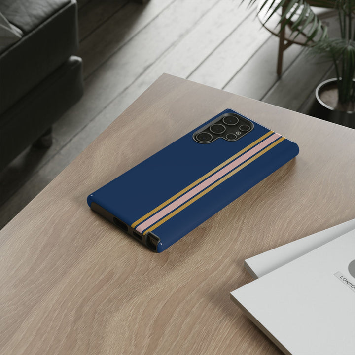 Tough Phone Case Navy Blue Pink Gold Stripe iPhone 18 17 16 15 14 13 12 Pro Max Plus, Samsung Galaxy S26 S25 S24 Ultra Cute Preppy Sport - Studio40ParkLane