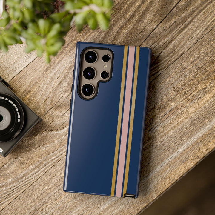 Tough Phone Case Navy Blue Pink Gold Stripe iPhone 18 17 16 15 14 13 12 Pro Max Plus, Samsung Galaxy S26 S25 S24 Ultra Cute Preppy Sport - Studio40ParkLane
