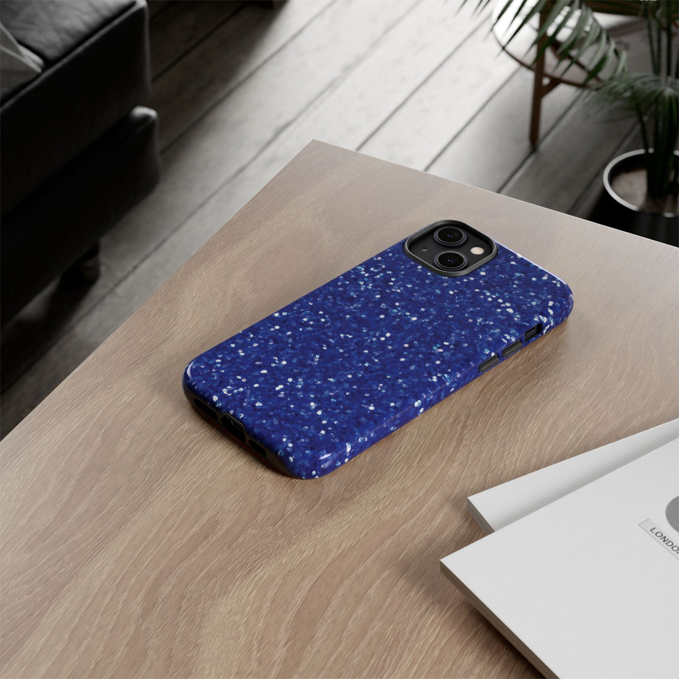 Chic Blue Faux Play on Glitter Effect Cute Phone Case, for IPhone 16 pro Max | Iphone 15, Iphone 14, IPhone 13 Case, 11 8 7, Samsung Galaxy S24, S23, S22, S21, 2 Layer Protection