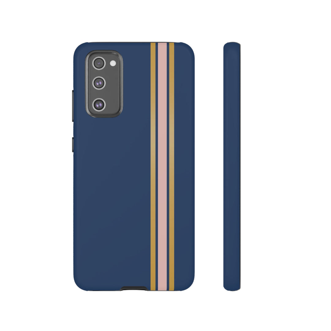 Tough Phone Case Navy Blue Pink Gold Stripe iPhone 18 17 16 15 14 13 12 Pro Max Plus, Samsung Galaxy S26 S25 S24 Ultra Cute Preppy Sport - Studio40ParkLane