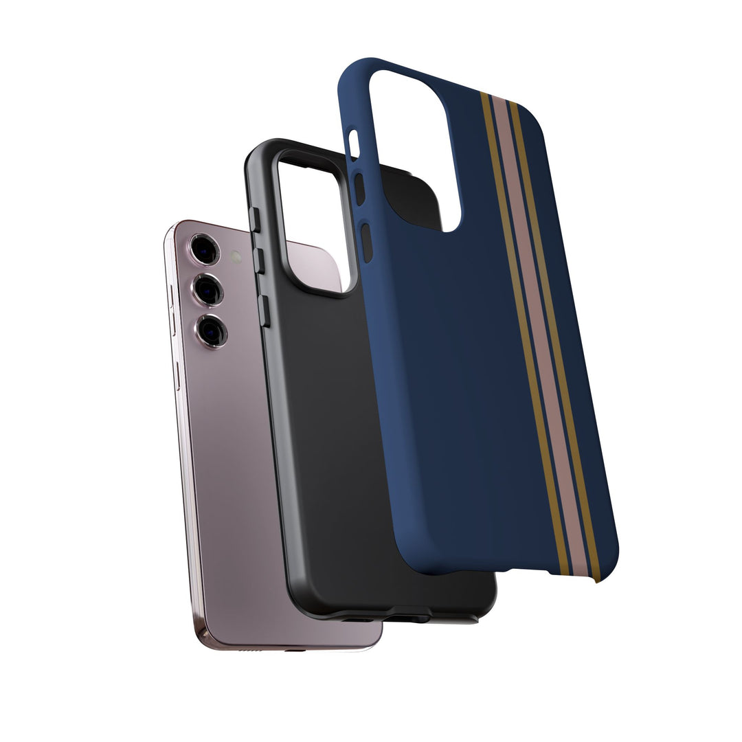Tough Phone Case Navy Blue Pink Gold Stripe iPhone 18 17 16 15 14 13 12 Pro Max Plus, Samsung Galaxy S26 S25 S24 Ultra Cute Preppy Sport - Studio40ParkLane