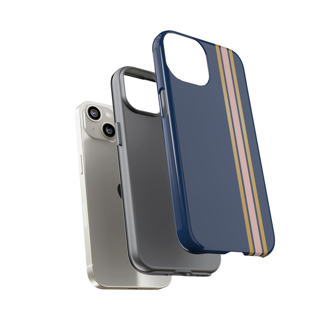 Tough Phone Case Navy Blue Pink Gold Stripe iPhone 18 17 16 15 14 13 12 Pro Max Plus, Samsung Galaxy S26 S25 S24 Ultra Cute Preppy Sport - Studio40ParkLane