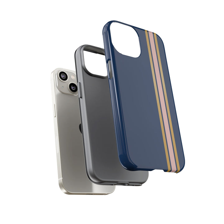 Tough Phone Case Navy Blue Pink Gold Stripe iPhone 18 17 16 15 14 13 12 Pro Max Plus, Samsung Galaxy S26 S25 S24 Ultra Cute Preppy Sport - Studio40ParkLane
