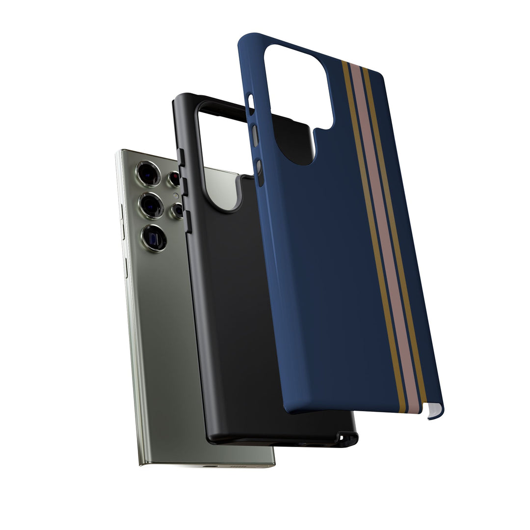 Tough Phone Case Navy Blue Pink Gold Stripe iPhone 18 17 16 15 14 13 12 Pro Max Plus, Samsung Galaxy S26 S25 S24 Ultra Cute Preppy Sport - Studio40ParkLane