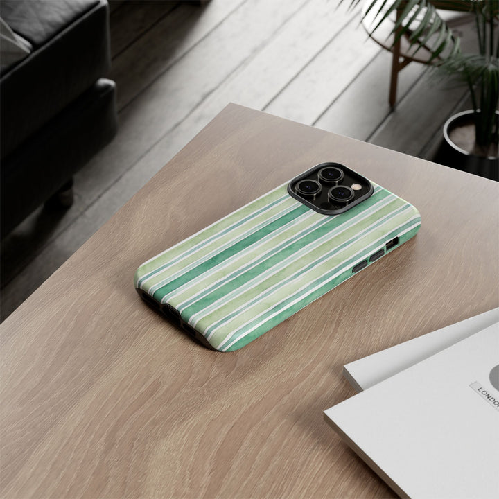 Aesthetic Tough Green Watercolor Stripes Premium Phone Case - For iPhone 17 Pro Max iPhone 16 Pro iPhone 15 Iphone 14 Plus 13 Pro 12 11 10 - Studio40ParkLane