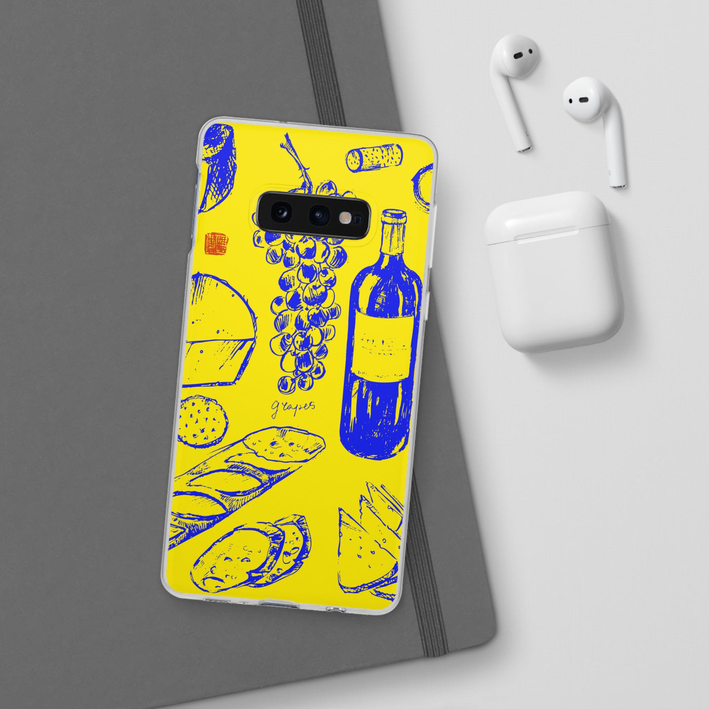 Cute Flexi Phone Cases, French Food Wine Yellow Blue, Compatible with Samsung Galaxy S23, Samsung S22, Samsung S21, Samsung S20, Galaxy S20 Ultra