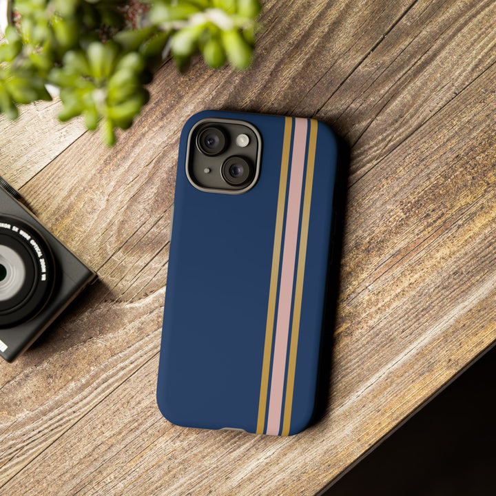 Tough Phone Case Navy Blue Pink Gold Stripe iPhone 18 17 16 15 14 13 12 Pro Max Plus, Samsung Galaxy S26 S25 S24 Ultra Cute Preppy Sport - Studio40ParkLane