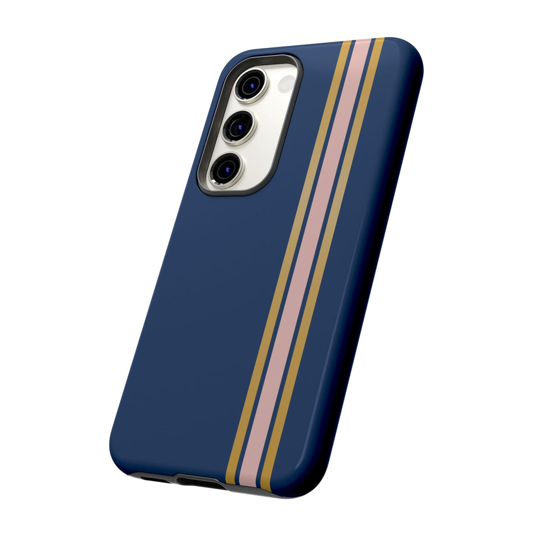 Tough Phone Case Navy Blue Pink Gold Stripe iPhone 18 17 16 15 14 13 12 Pro Max Plus, Samsung Galaxy S26 S25 S24 Ultra Cute Preppy Sport - Studio40ParkLane