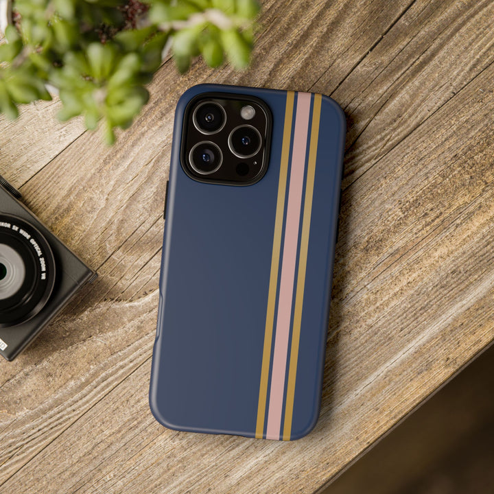 Tough Phone Case Navy Blue Pink Gold Stripe iPhone 18 17 16 15 14 13 12 Pro Max Plus, Samsung Galaxy S26 S25 S24 Ultra Cute Preppy Sport - Studio40ParkLane