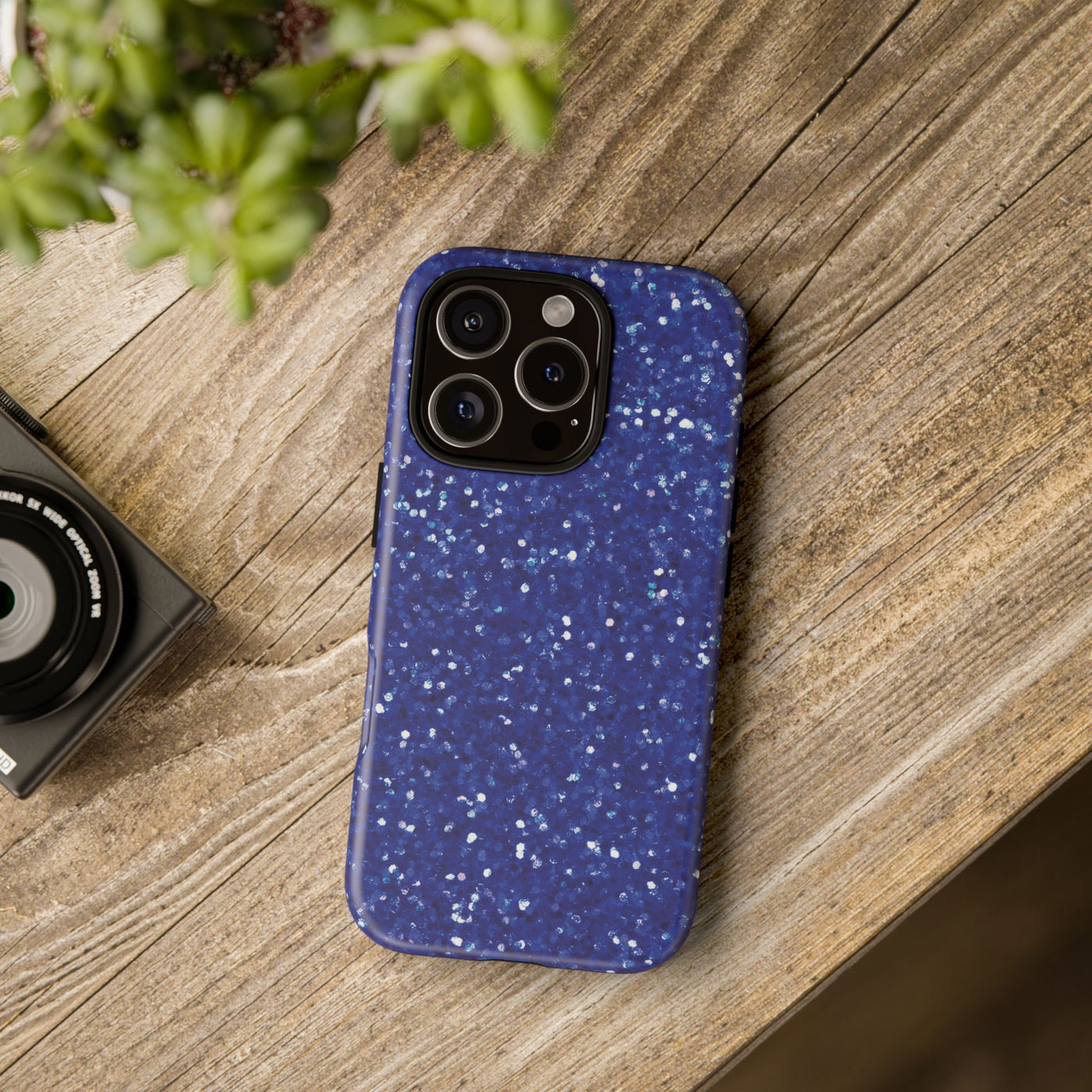 Chic Blue Faux Play on Glitter Effect Cute Phone Case, for IPhone 16 pro Max | Iphone 15, Iphone 14, IPhone 13 Case, 11 8 7, Samsung Galaxy S24, S23, S22, S21, 2 Layer Protection