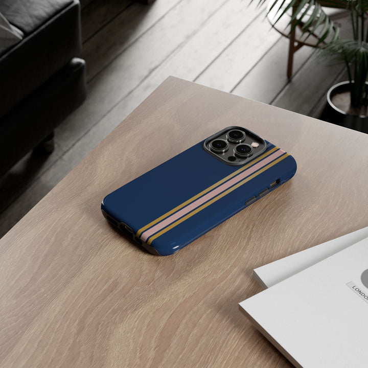 Tough Phone Case Navy Blue Pink Gold Stripe iPhone 18 17 16 15 14 13 12 Pro Max Plus, Samsung Galaxy S26 S25 S24 Ultra Cute Preppy Sport - Studio40ParkLane