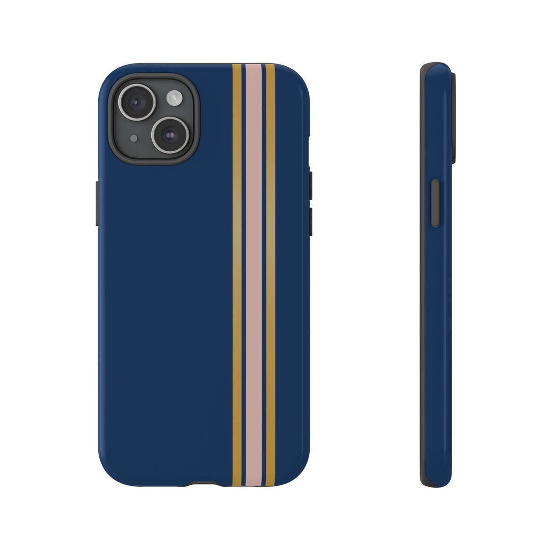 Tough Phone Case Navy Blue Pink Gold Stripe iPhone 18 17 16 15 14 13 12 Pro Max Plus, Samsung Galaxy S26 S25 S24 Ultra Cute Preppy Sport - Studio40ParkLane