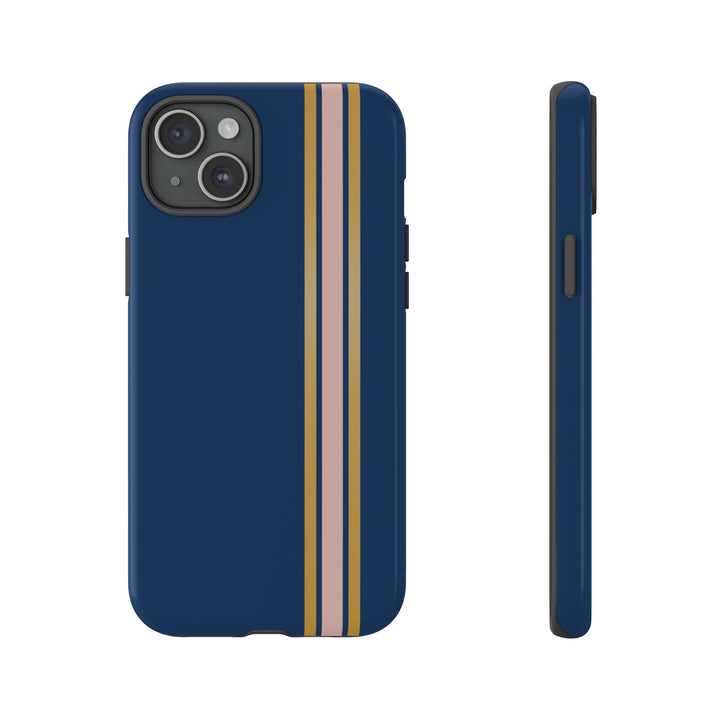 Tough Phone Case Navy Blue Pink Gold Stripe iPhone 18 17 16 15 14 13 12 Pro Max Plus, Samsung Galaxy S26 S25 S24 Ultra Cute Preppy Sport - Studio40ParkLane