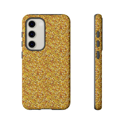 Chic Gold Faux Play on Glitter Effect Cute Phone Case, for IPhone 16 pro Max | Iphone 15, Iphone 14, IPhone 13 Case, 11 8 7, Samsung Galaxy S24, S23, S22, S21, 2 Layer Protection