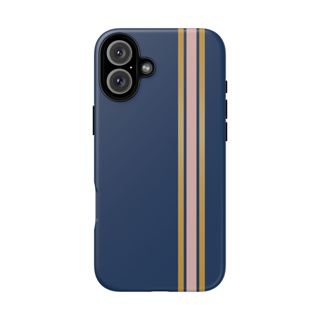 Tough Phone Case Navy Blue Pink Gold Stripe iPhone 18 17 16 15 14 13 12 Pro Max Plus, Samsung Galaxy S26 S25 S24 Ultra Cute Preppy Sport - Studio40ParkLane