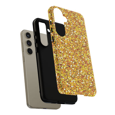 Chic Gold Faux Play on Glitter Effect Cute Phone Case, for IPhone 16 pro Max | Iphone 15, Iphone 14, IPhone 13 Case, 11 8 7, Samsung Galaxy S24, S23, S22, S21, 2 Layer Protection