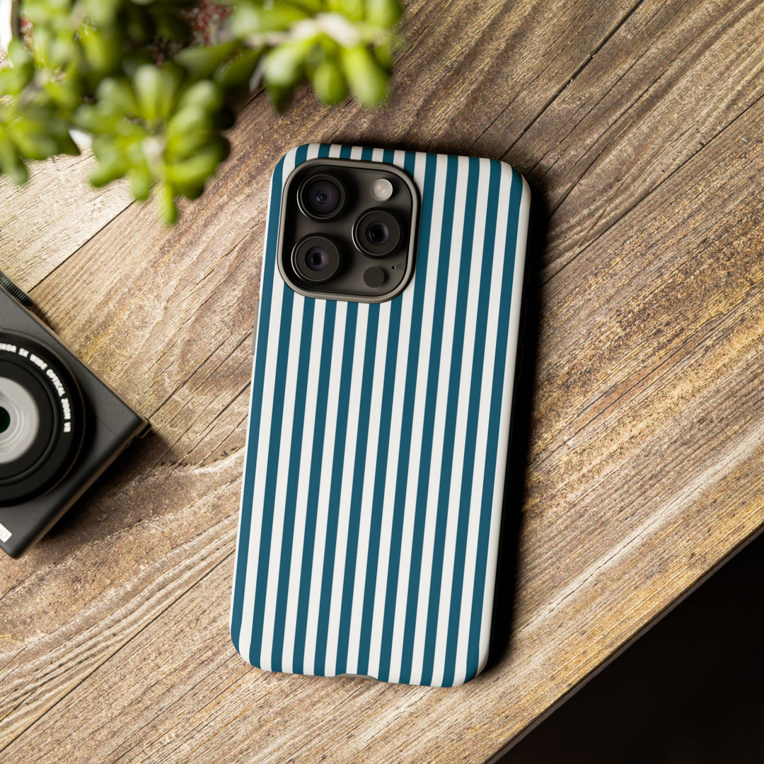 Tough Premium Teal Blue Stripes Phone Case Gift for Her - For Apple iPhone 16 Pro Max 16e iPhone 15 Pro iPhone Iphone 14 Plus 13 Pro 12 SE XR - Studio40ParkLane