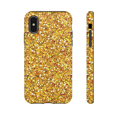 Chic Gold Faux Play on Glitter Effect Cute Phone Case, for IPhone 16 pro Max | Iphone 15, Iphone 14, IPhone 13 Case, 11 8 7, Samsung Galaxy S24, S23, S22, S21, 2 Layer Protection