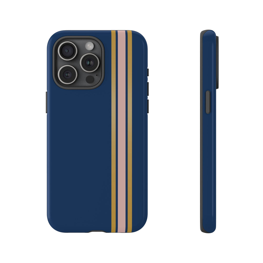 Tough Phone Case Navy Blue Pink Gold Stripe iPhone 18 17 16 15 14 13 12 Pro Max Plus, Samsung Galaxy S26 S25 S24 Ultra Cute Preppy Sport - Studio40ParkLane