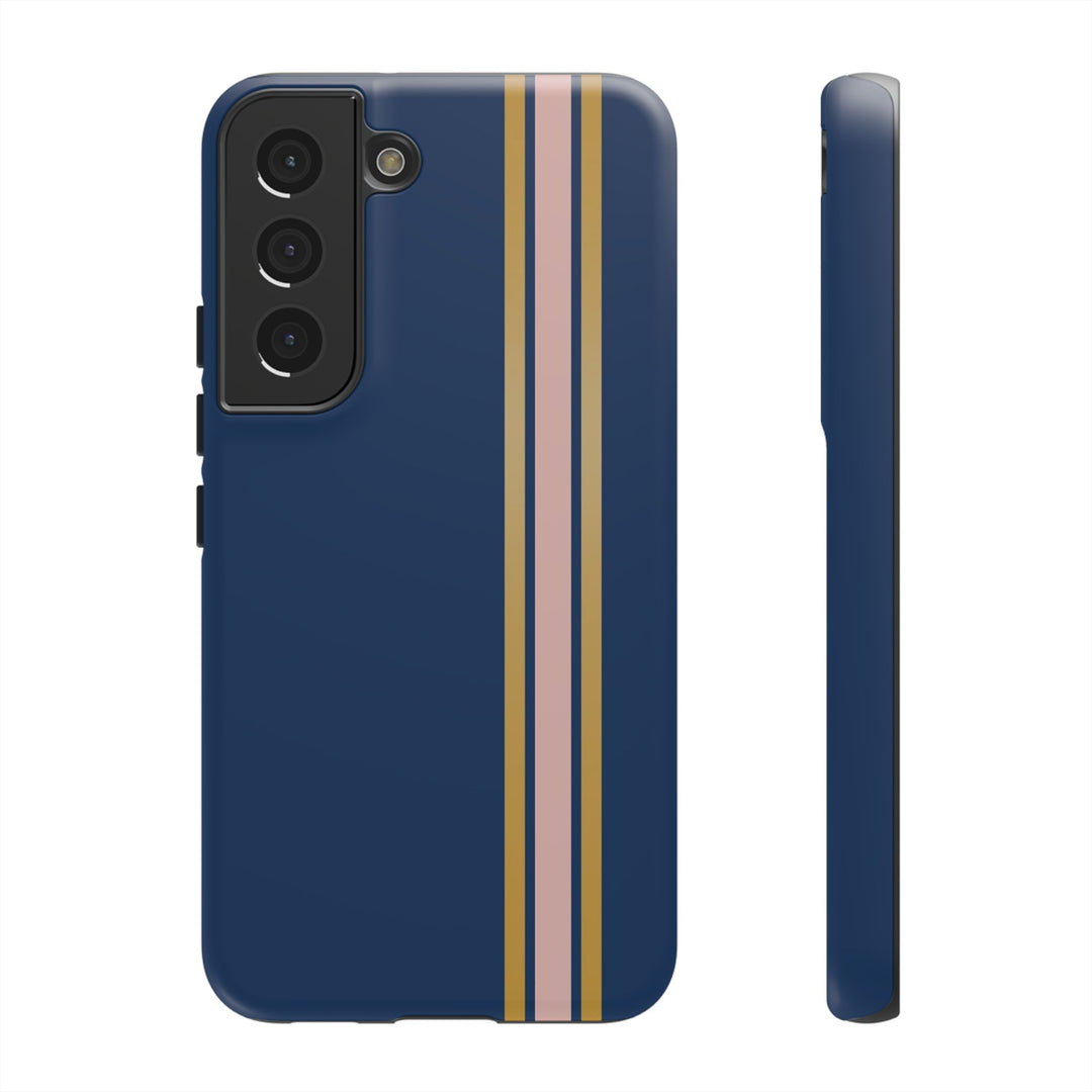 Tough Phone Case Navy Blue Pink Gold Stripe iPhone 18 17 16 15 14 13 12 Pro Max Plus, Samsung Galaxy S26 S25 S24 Ultra Cute Preppy Sport - Studio40ParkLane