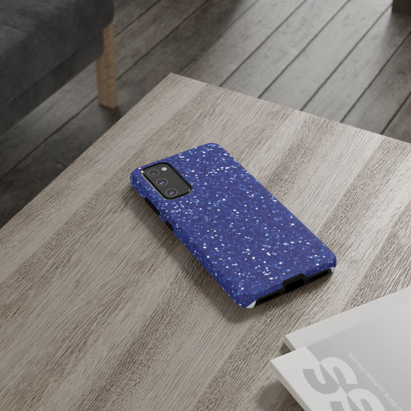 Chic Blue Faux Play on Glitter Effect Cute Phone Case, for IPhone 16 pro Max | Iphone 15, Iphone 14, IPhone 13 Case, 11 8 7, Samsung Galaxy S24, S23, S22, S21, 2 Layer Protection