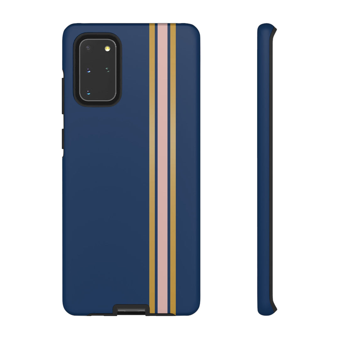 Tough Phone Case Navy Blue Pink Gold Stripe iPhone 18 17 16 15 14 13 12 Pro Max Plus, Samsung Galaxy S26 S25 S24 Ultra Cute Preppy Sport - Studio40ParkLane