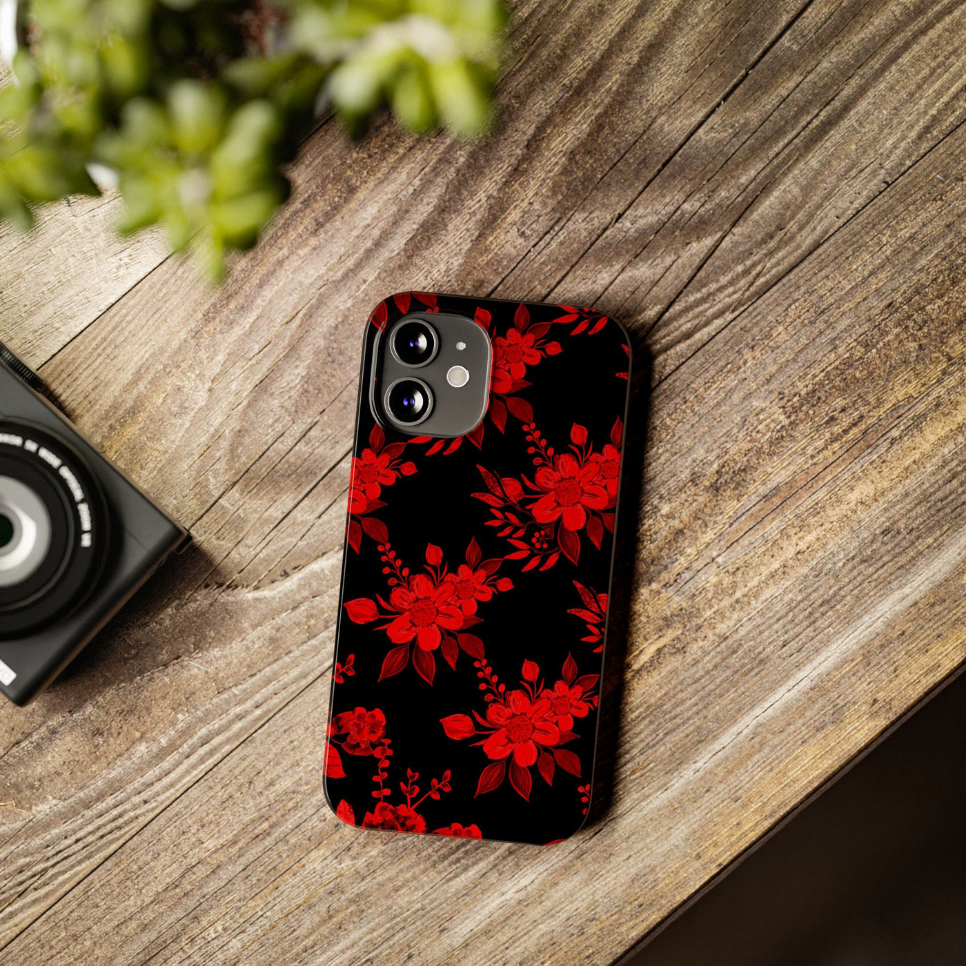 Slim Cute Phone Cases for Iphone - | iPhone 15 Case | iPhone 15 Pro Max Case, Iphone 14 Case, Iphone 14 Pro Max, Iphone 13, Red Black Flowers