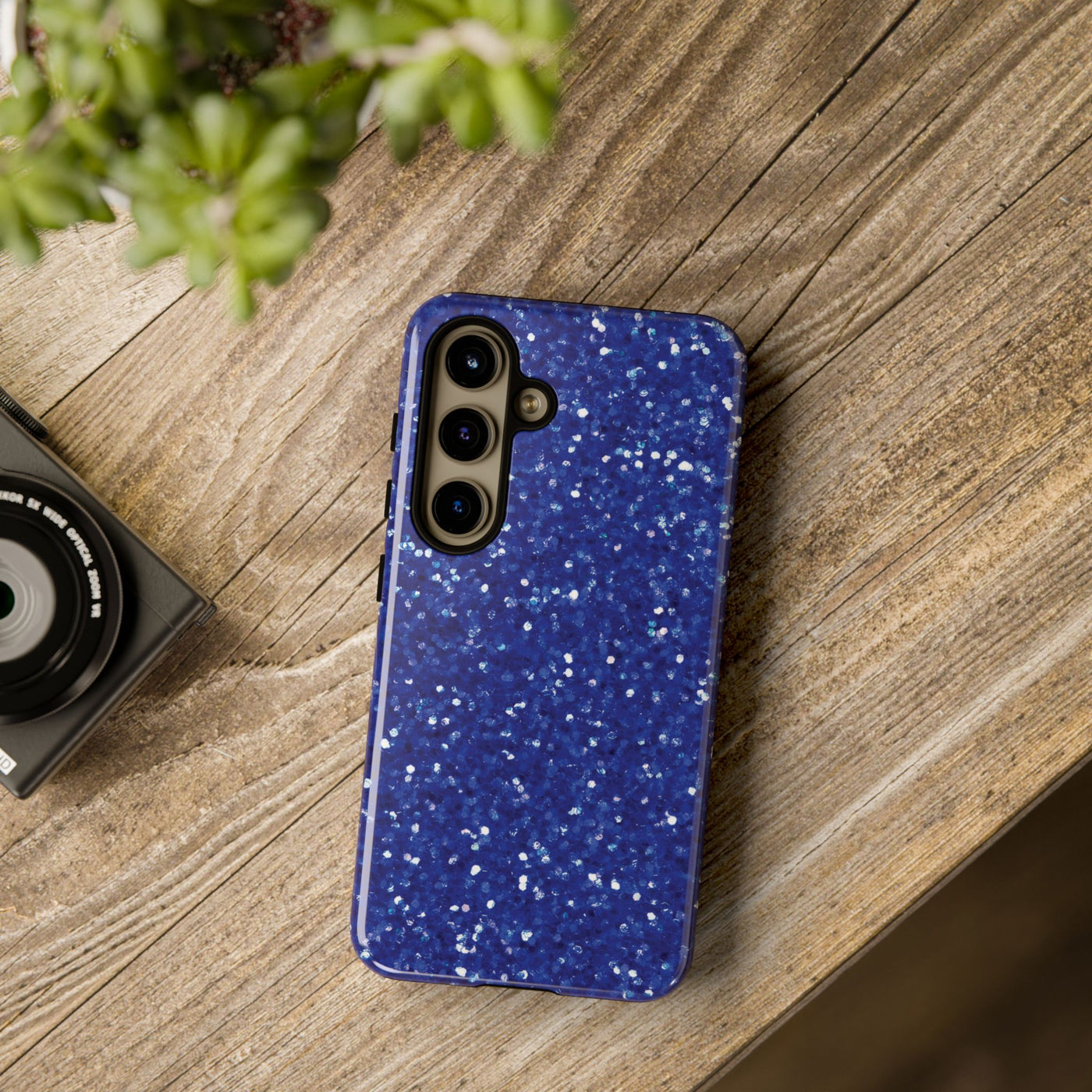 Chic Blue Faux Play on Glitter Effect Cute Phone Case, for IPhone 16 pro Max | Iphone 15, Iphone 14, IPhone 13 Case, 11 8 7, Samsung Galaxy S24, S23, S22, S21, 2 Layer Protection