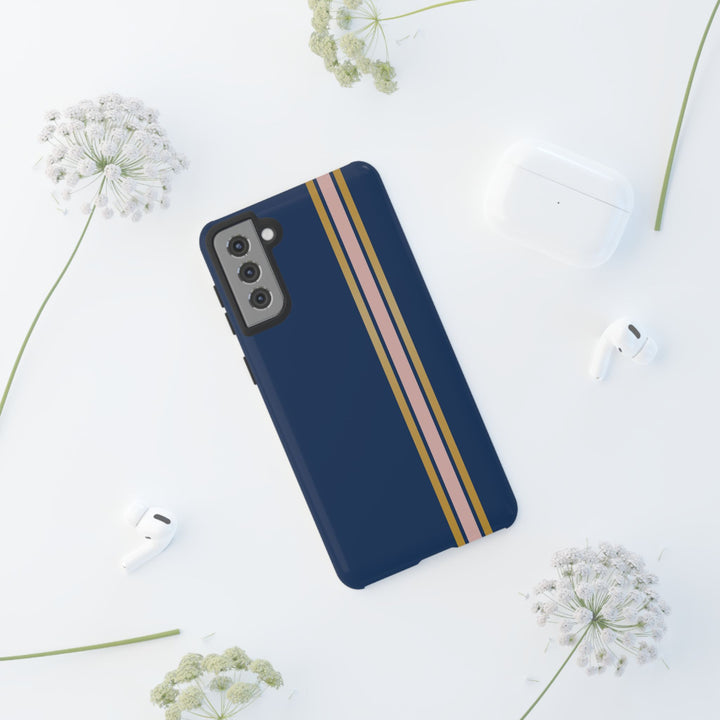 Tough Phone Case Navy Blue Pink Gold Stripe iPhone 18 17 16 15 14 13 12 Pro Max Plus, Samsung Galaxy S26 S25 S24 Ultra Cute Preppy Sport - Studio40ParkLane