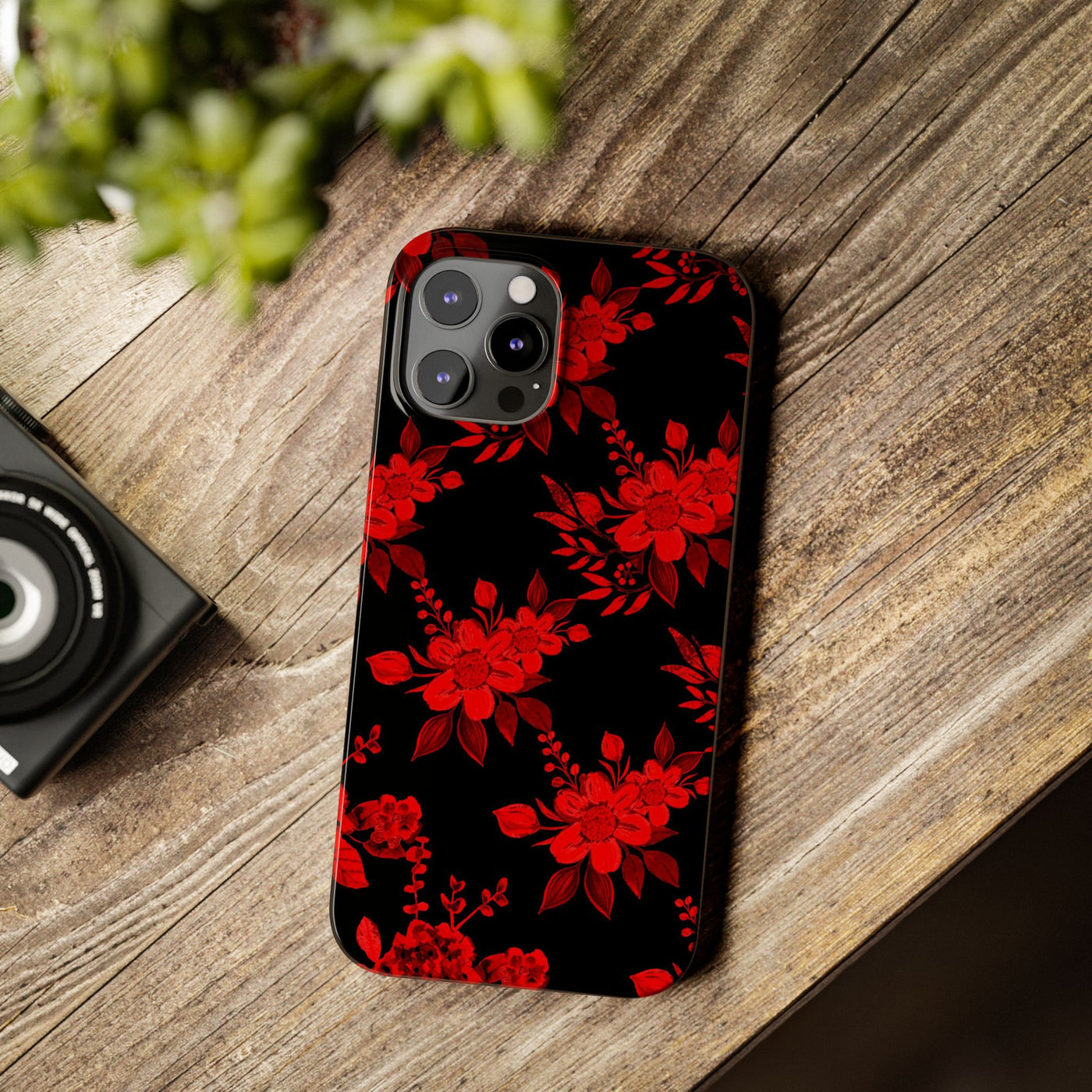 Slim Cute iPhone Cases - | iPhone 15 Case | iPhone 15 Pro Max Case, Iphone 14 Case, Iphone 14 Pro Max, Iphone 13, Red Black Flowers