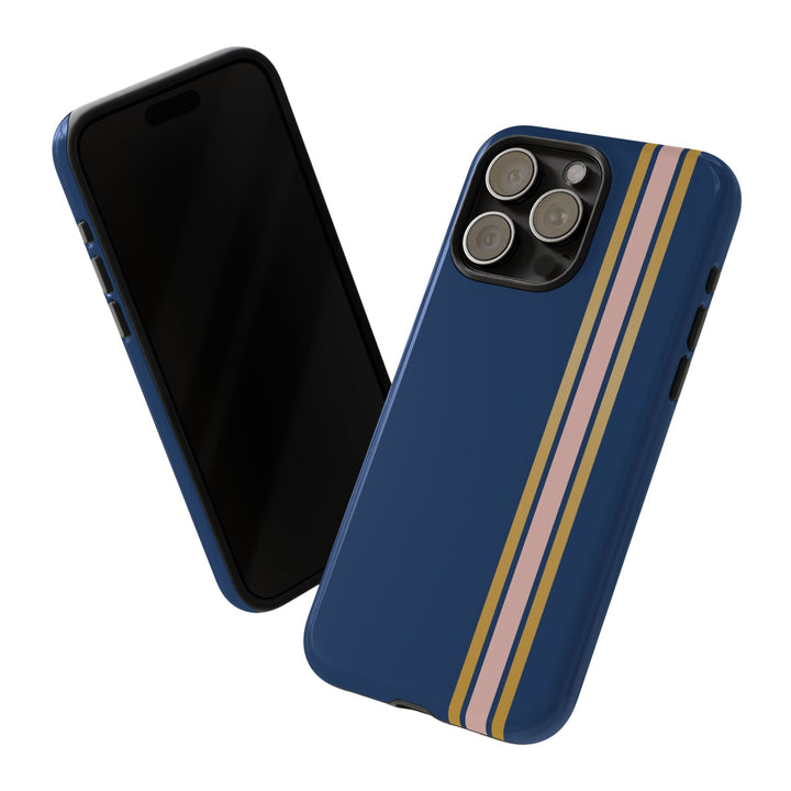 Tough Phone Case Navy Blue Pink Gold Stripe iPhone 18 17 16 15 14 13 12 Pro Max Plus, Samsung Galaxy S26 S25 S24 Ultra Cute Preppy Sport - Studio40ParkLane
