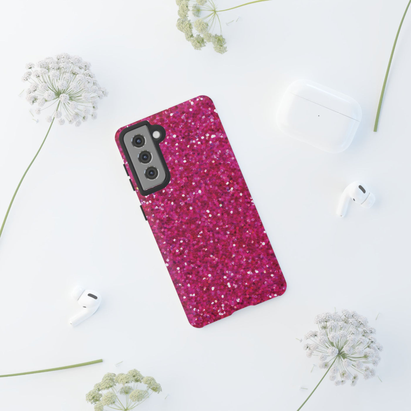 Chic Pink Faux Play on Glitter Effect Cute Phone Case, for IPhone 16 pro Max | Iphone 15, Iphone 14, IPhone 13 Case, 11 8 7, Samsung Galaxy S24, S23, S22, S21, 2 Layer Protection