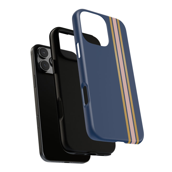 Tough Phone Case Navy Blue Pink Gold Stripe iPhone 18 17 16 15 14 13 12 Pro Max Plus, Samsung Galaxy S26 S25 S24 Ultra Cute Preppy Sport - Studio40ParkLane