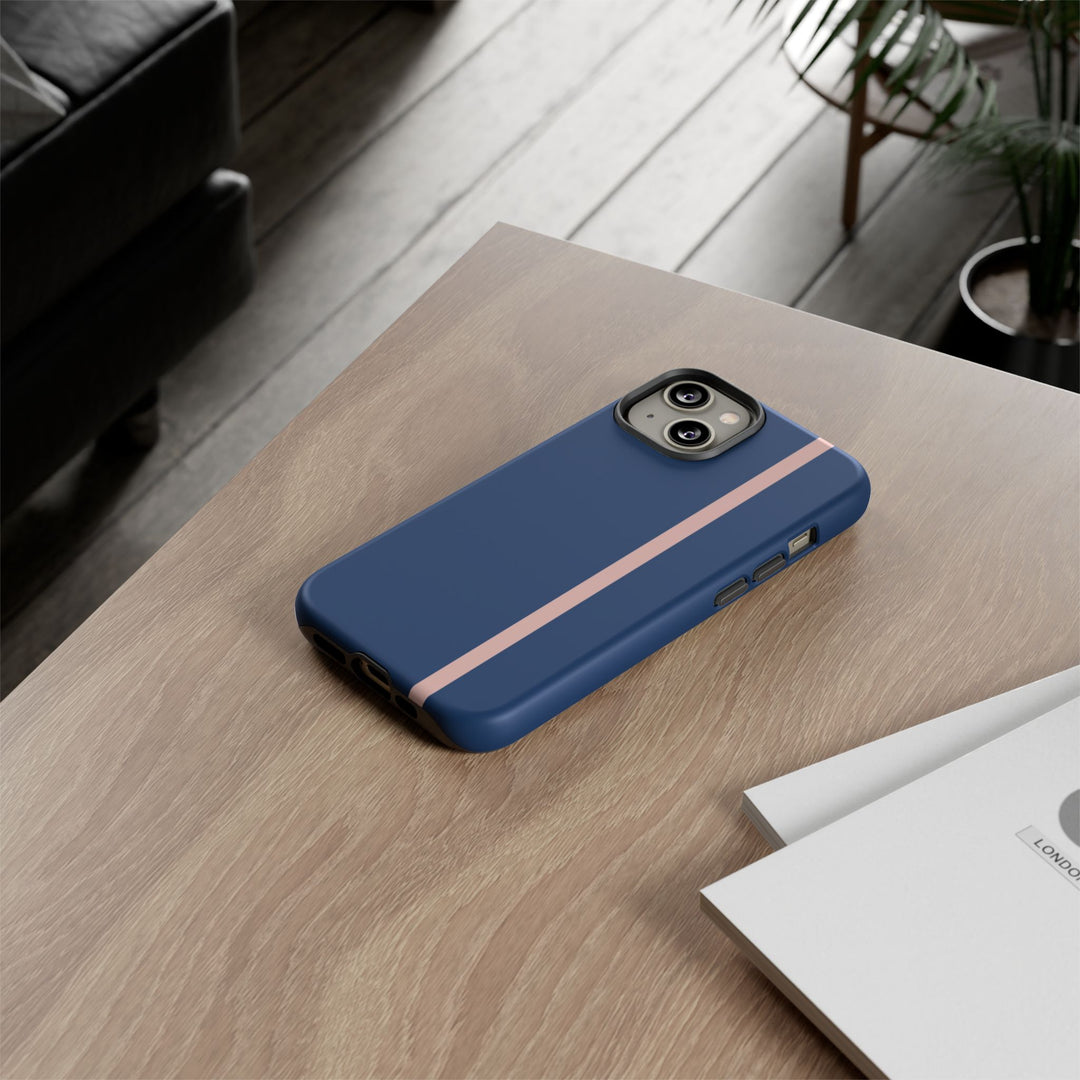 Tough Phone Case Navy Blue Orange Stripe iPhone 18 17 16 15 14 13 12 Pro Max Plus, Samsung Galaxy S26 S25 S24 Ultra Cute Preppy Sport - Studio40ParkLane