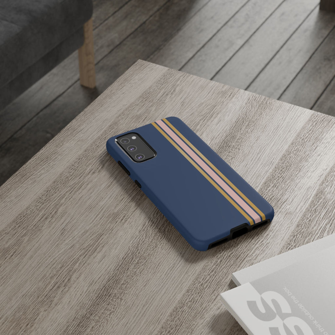 Tough Phone Case Navy Blue Pink Gold Stripe iPhone 18 17 16 15 14 13 12 Pro Max Plus, Samsung Galaxy S26 S25 S24 Ultra Cute Preppy Sport - Studio40ParkLane