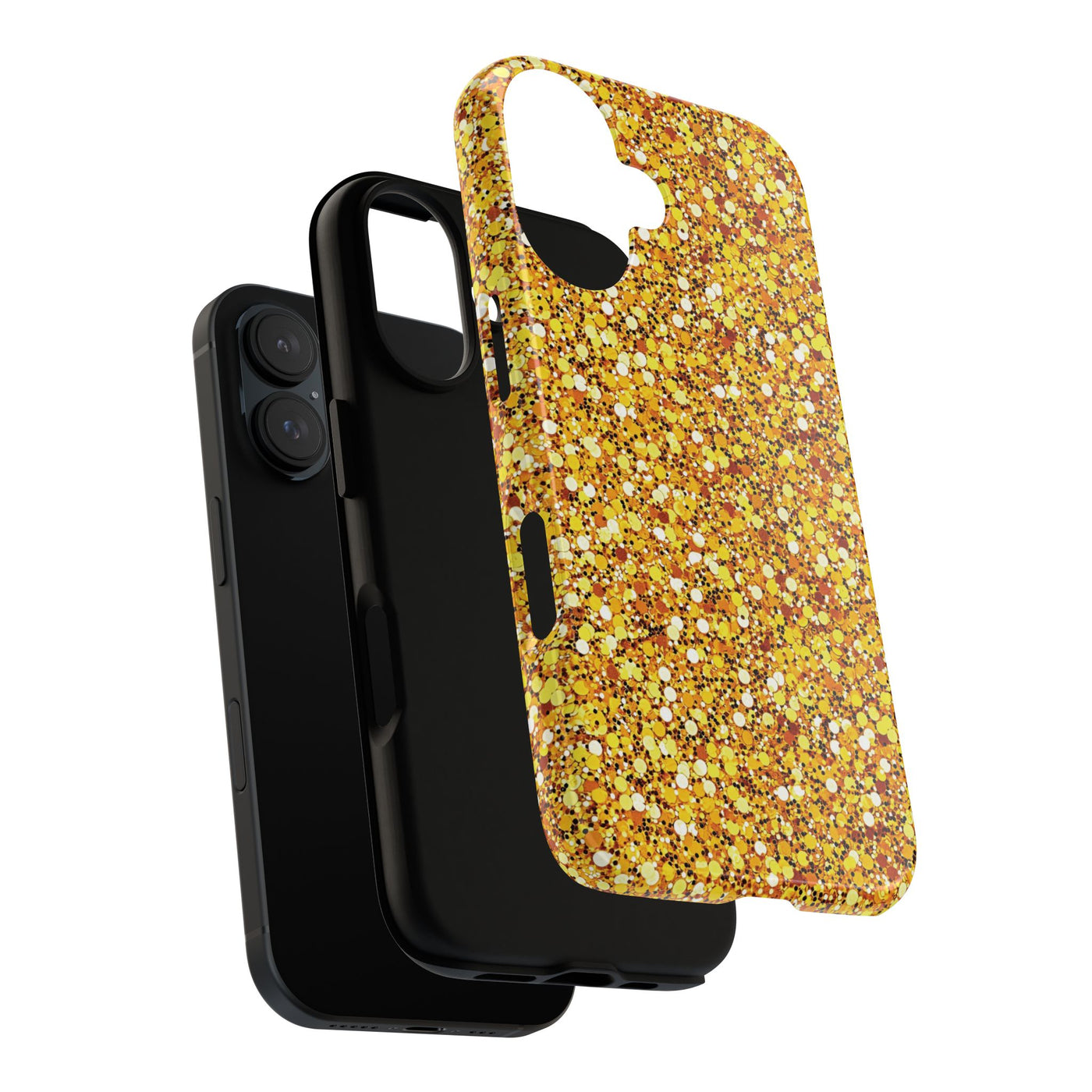 Chic Gold Faux Play on Glitter Effect Cute Phone Case, for IPhone 16 pro Max | Iphone 15, Iphone 14, IPhone 13 Case, 11 8 7, Samsung Galaxy S24, S23, S22, S21, 2 Layer Protection