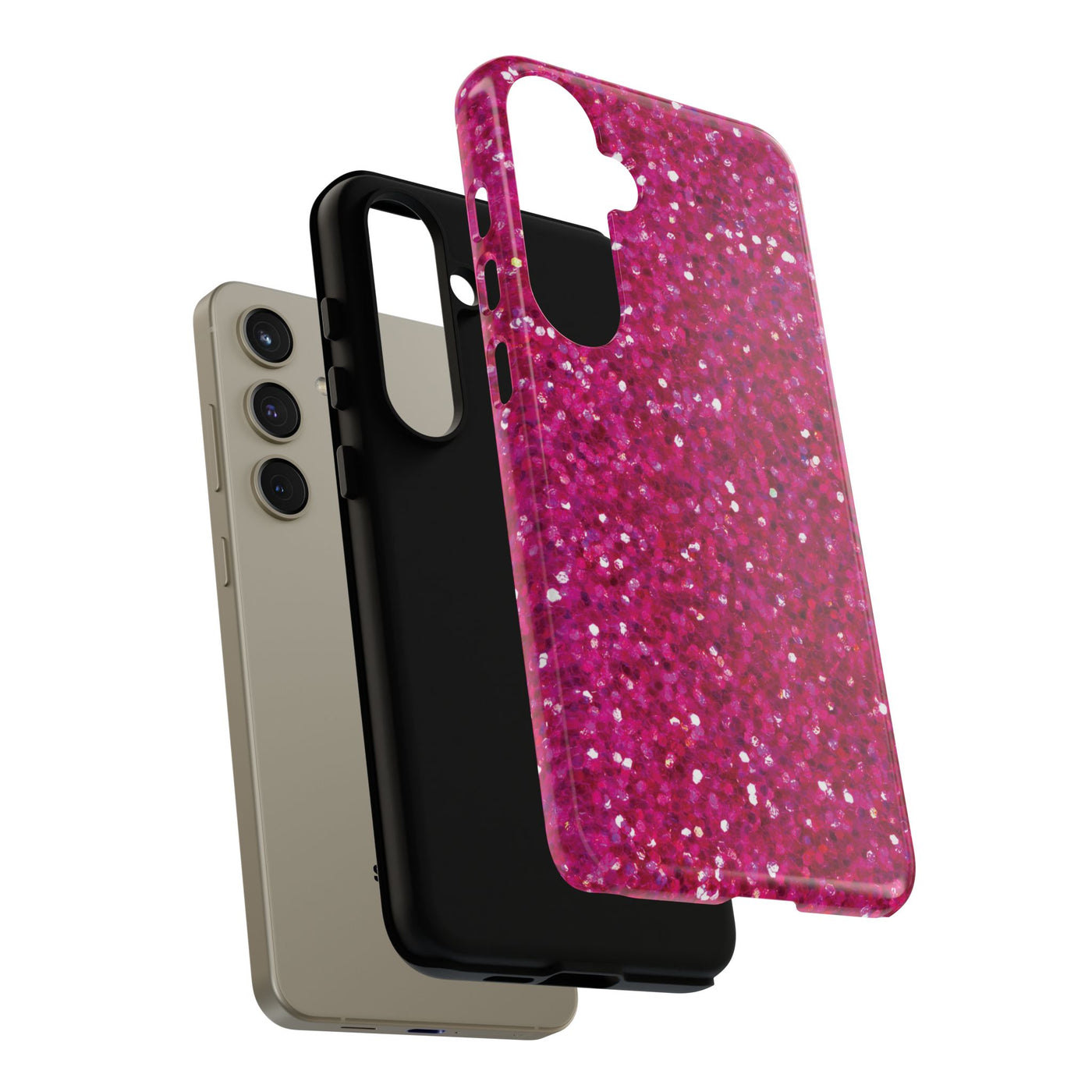 Chic Pink Faux Play on Glitter Effect Cute Phone Case, for IPhone 16 pro Max | Iphone 15, Iphone 14, IPhone 13 Case, 11 8 7, Samsung Galaxy S24, S23, S22, S21, 2 Layer Protection