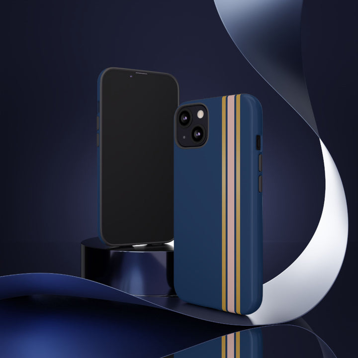 Tough Phone Case Navy Blue Pink Gold Stripe iPhone 18 17 16 15 14 13 12 Pro Max Plus, Samsung Galaxy S26 S25 S24 Ultra Cute Preppy Sport - Studio40ParkLane