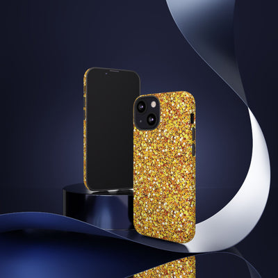 Chic Gold Faux Play on Glitter Effect Cute Phone Case, for IPhone 16 pro Max | Iphone 15, Iphone 14, IPhone 13 Case, 11 8 7, Samsung Galaxy S24, S23, S22, S21, 2 Layer Protection