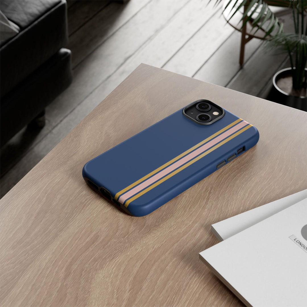 Tough Phone Case Navy Blue Pink Gold Stripe iPhone 18 17 16 15 14 13 12 Pro Max Plus, Samsung Galaxy S26 S25 S24 Ultra Cute Preppy Sport - Studio40ParkLane