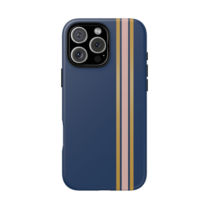 Tough Phone Case Navy Blue Pink Gold Stripe iPhone 18 17 16 15 14 13 12 Pro Max Plus, Samsung Galaxy S26 S25 S24 Ultra Cute Preppy Sport - Studio40ParkLane