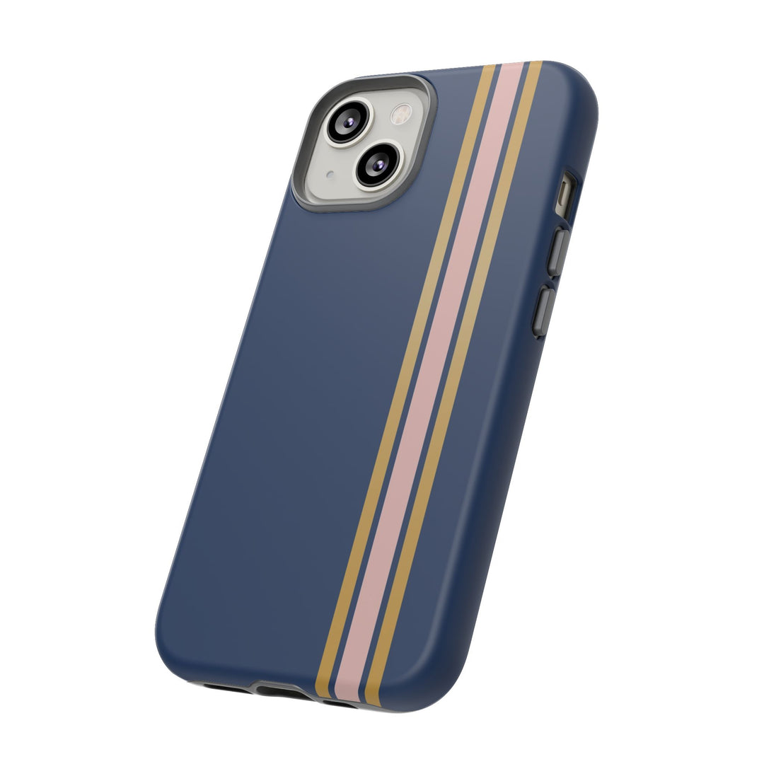 Tough Phone Case Navy Blue Pink Gold Stripe iPhone 18 17 16 15 14 13 12 Pro Max Plus, Samsung Galaxy S26 S25 S24 Ultra Cute Preppy Sport - Studio40ParkLane