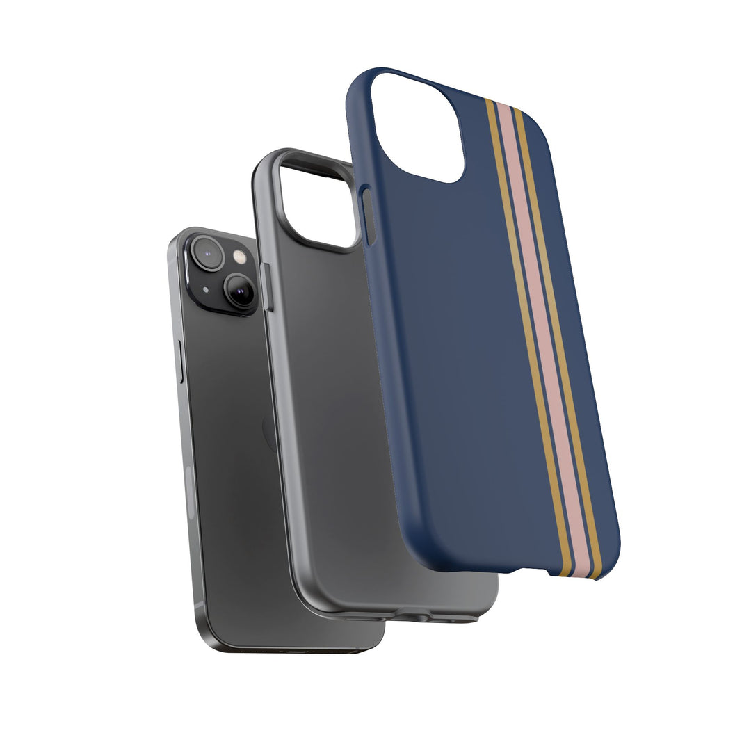Tough Phone Case Navy Blue Pink Gold Stripe iPhone 18 17 16 15 14 13 12 Pro Max Plus, Samsung Galaxy S26 S25 S24 Ultra Cute Preppy Sport - Studio40ParkLane