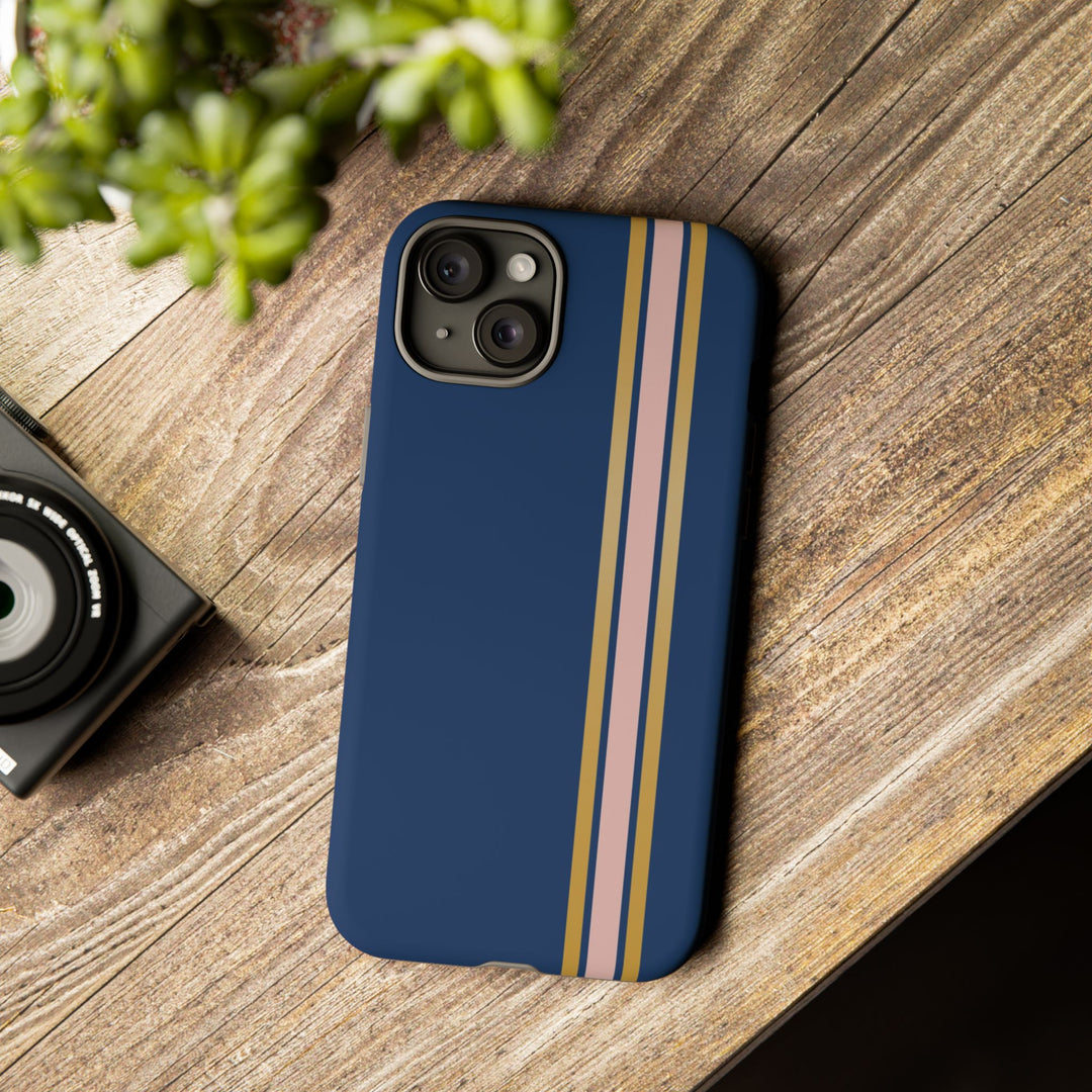 Tough Phone Case Navy Blue Pink Gold Stripe iPhone 18 17 16 15 14 13 12 Pro Max Plus, Samsung Galaxy S26 S25 S24 Ultra Cute Preppy Sport - Studio40ParkLane