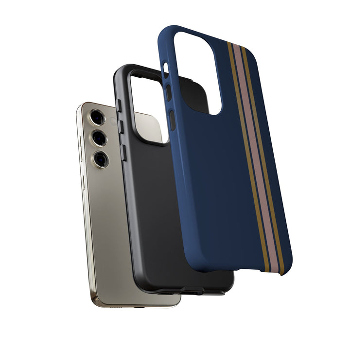 Tough Phone Case Navy Blue Pink Gold Stripe iPhone 18 17 16 15 14 13 12 Pro Max Plus, Samsung Galaxy S26 S25 S24 Ultra Cute Preppy Sport - Studio40ParkLane