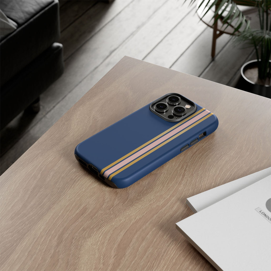 Tough Phone Case Navy Blue Pink Gold Stripe iPhone 18 17 16 15 14 13 12 Pro Max Plus, Samsung Galaxy S26 S25 S24 Ultra Cute Preppy Sport - Studio40ParkLane