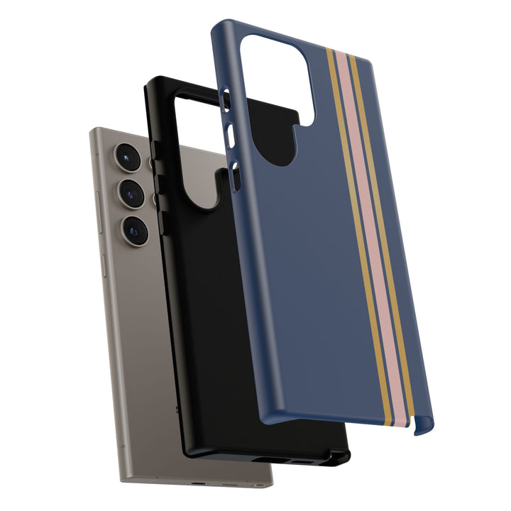 Tough Phone Case Navy Blue Pink Gold Stripe iPhone 18 17 16 15 14 13 12 Pro Max Plus, Samsung Galaxy S26 S25 S24 Ultra Cute Preppy Sport - Studio40ParkLane