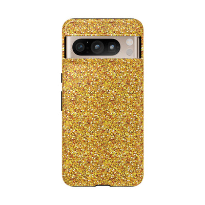 Chic Gold Faux Play on Glitter Effect Cute Phone Case, for IPhone 16 pro Max | Iphone 15, Iphone 14, IPhone 13 Case, 11 8 7, Samsung Galaxy S24, S23, S22, S21, 2 Layer Protection