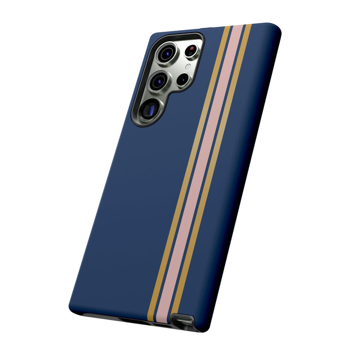 Tough Phone Case Navy Blue Pink Gold Stripe iPhone 18 17 16 15 14 13 12 Pro Max Plus, Samsung Galaxy S26 S25 S24 Ultra Cute Preppy Sport - Studio40ParkLane